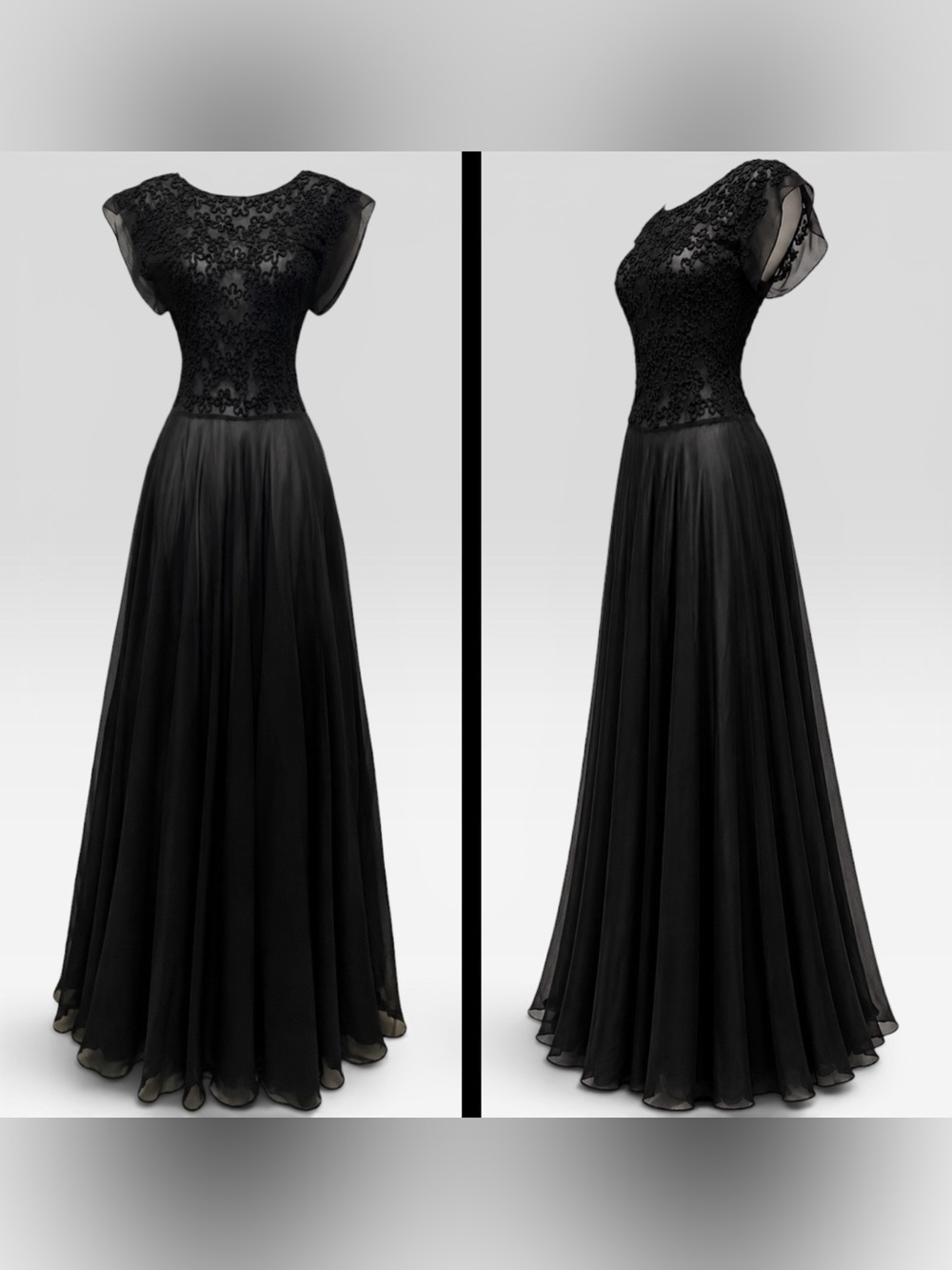Vintage 1930s Black Chiffon Soutache Evening Gown Sheer Flutter Sleeve Dress - Picture 1 of 11
